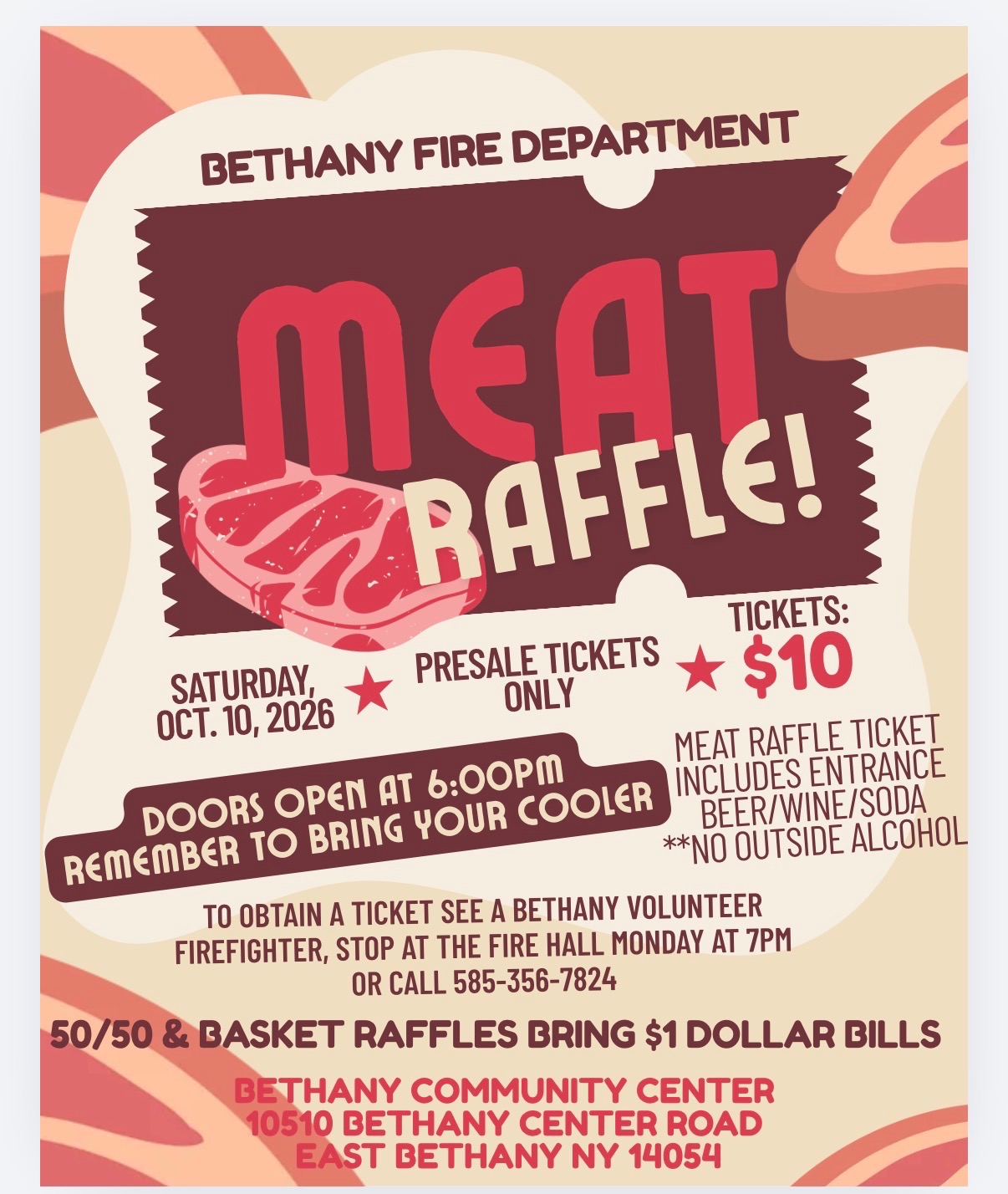 Bethany Fire Department meat raffle flyer.