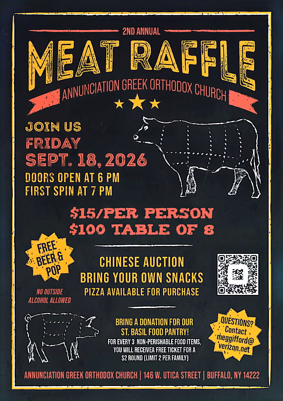 Annunciation Greek Orthodox Church meat raffle flyer.
