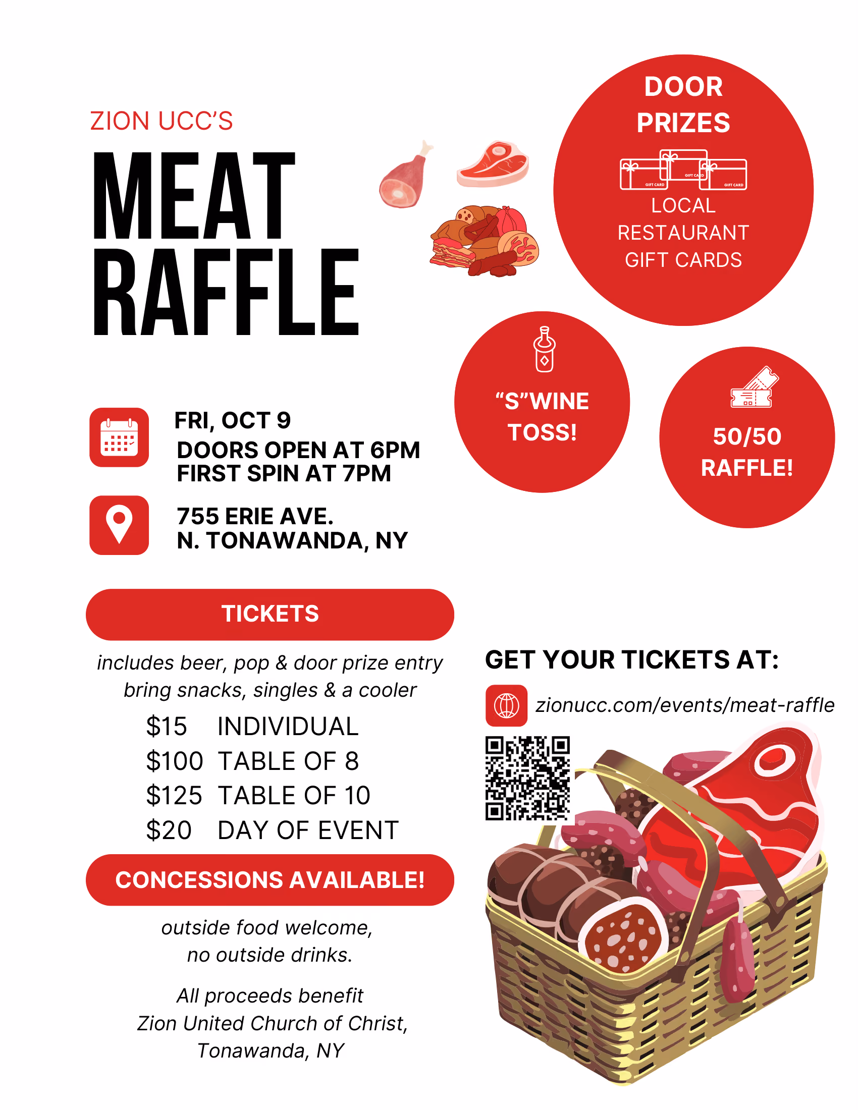 Zion UCC meat raffle flyer.