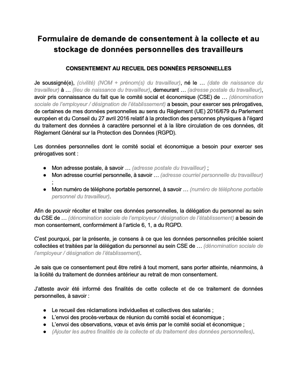 formulaire demande de consentement à la collecte et au stockage de données personnelles des salariés