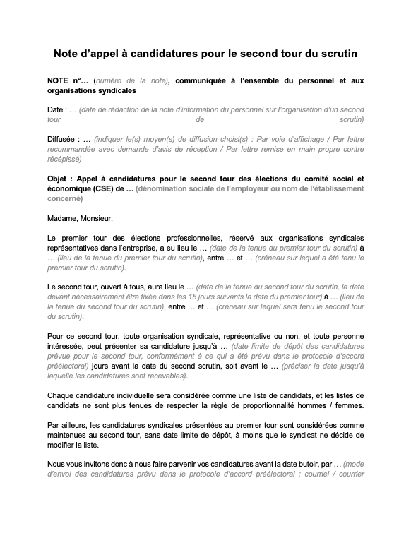 note d’appel à candidatures pour le second tour du scrutin