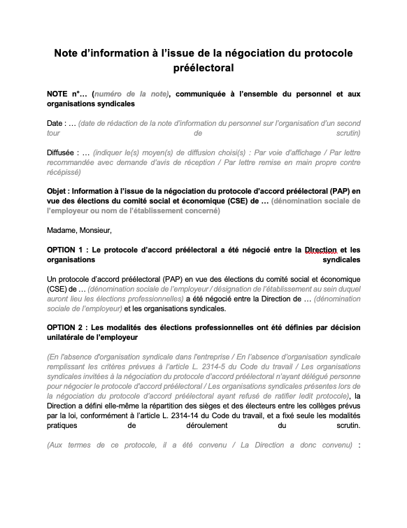 note d’information à l’issue de la négociation du protocole préélectoral