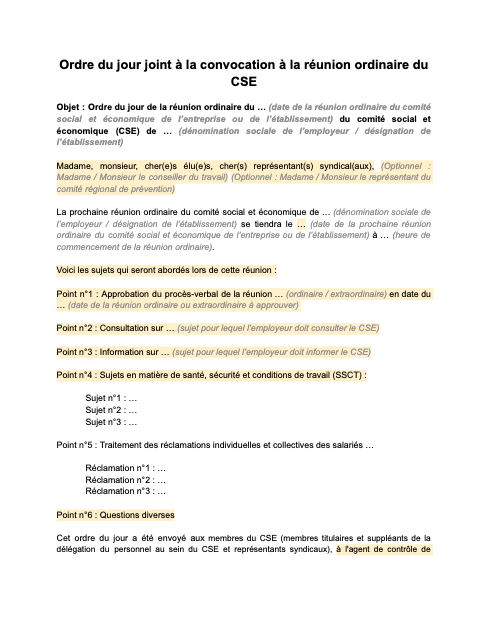 d’ordre du jour joint à la convocation à la réunion ordinaire du cse