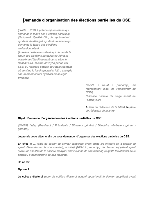 Modèle de demande d'organisation des élections partielles du cse