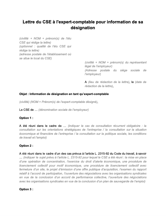 Modèle de lettre du cse à l'expert-comptable pour information de sa désignation