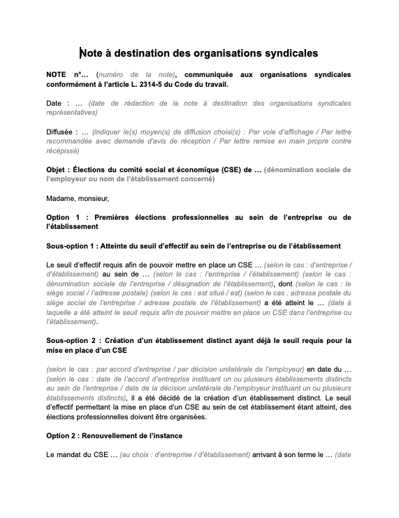 Modèle d’affichage dans l’entreprise à destination des organisations syndicales