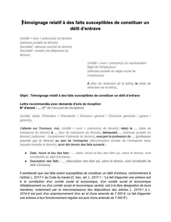 modèle d'attestation de témoignage à la constitution du délit d’entrave