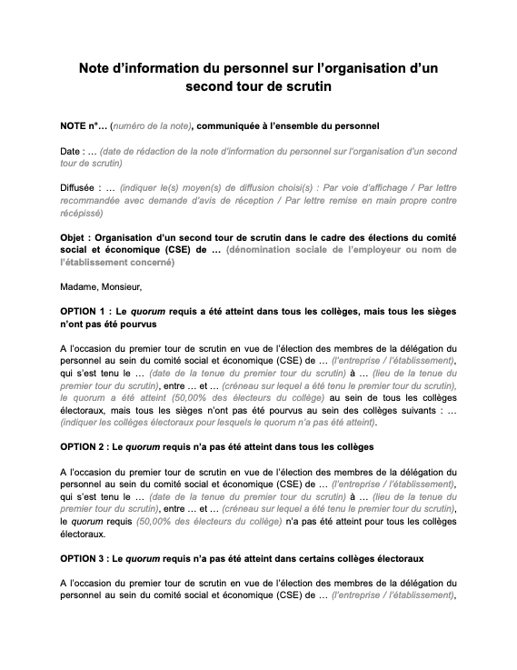 note d’information du personnel sur l’organisation d’un second tour de scrutin