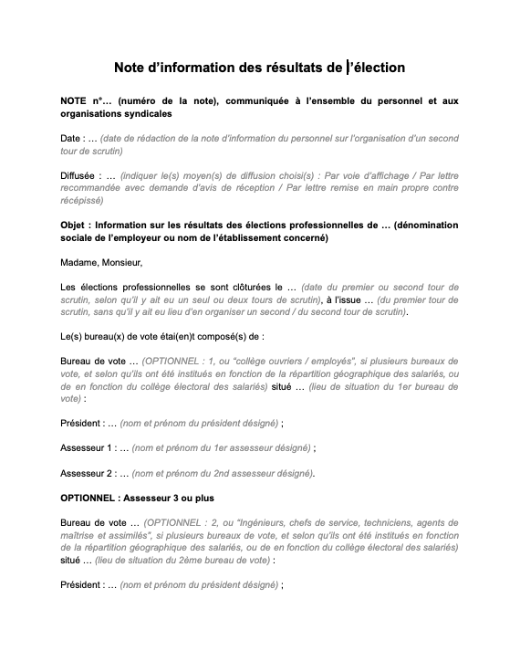 note d’information des résultats de l’élection