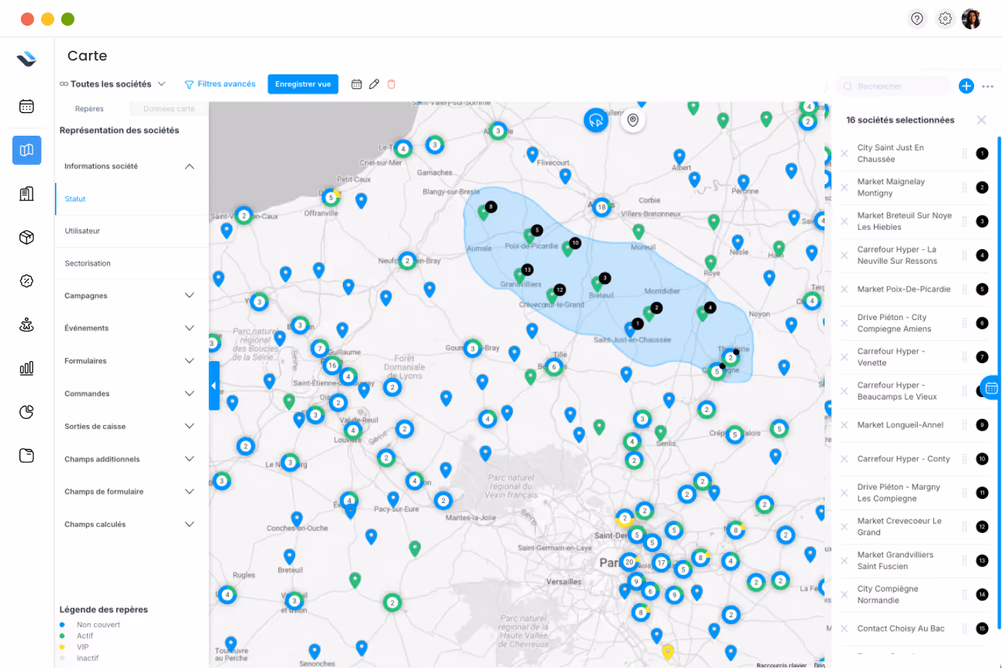 illustration de la vue cartographique du crm sidely avec utilisation de l'outil lasso