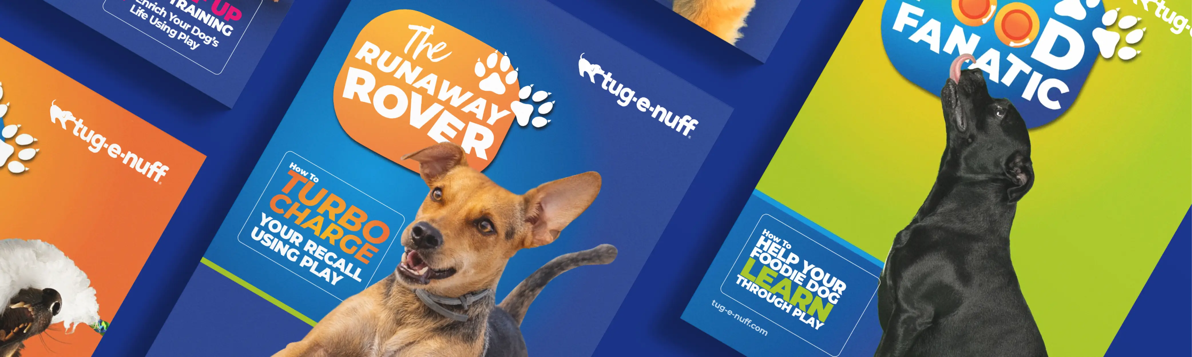 Tug-E-Nuff hero image — dog toy brand design, training booklets and website