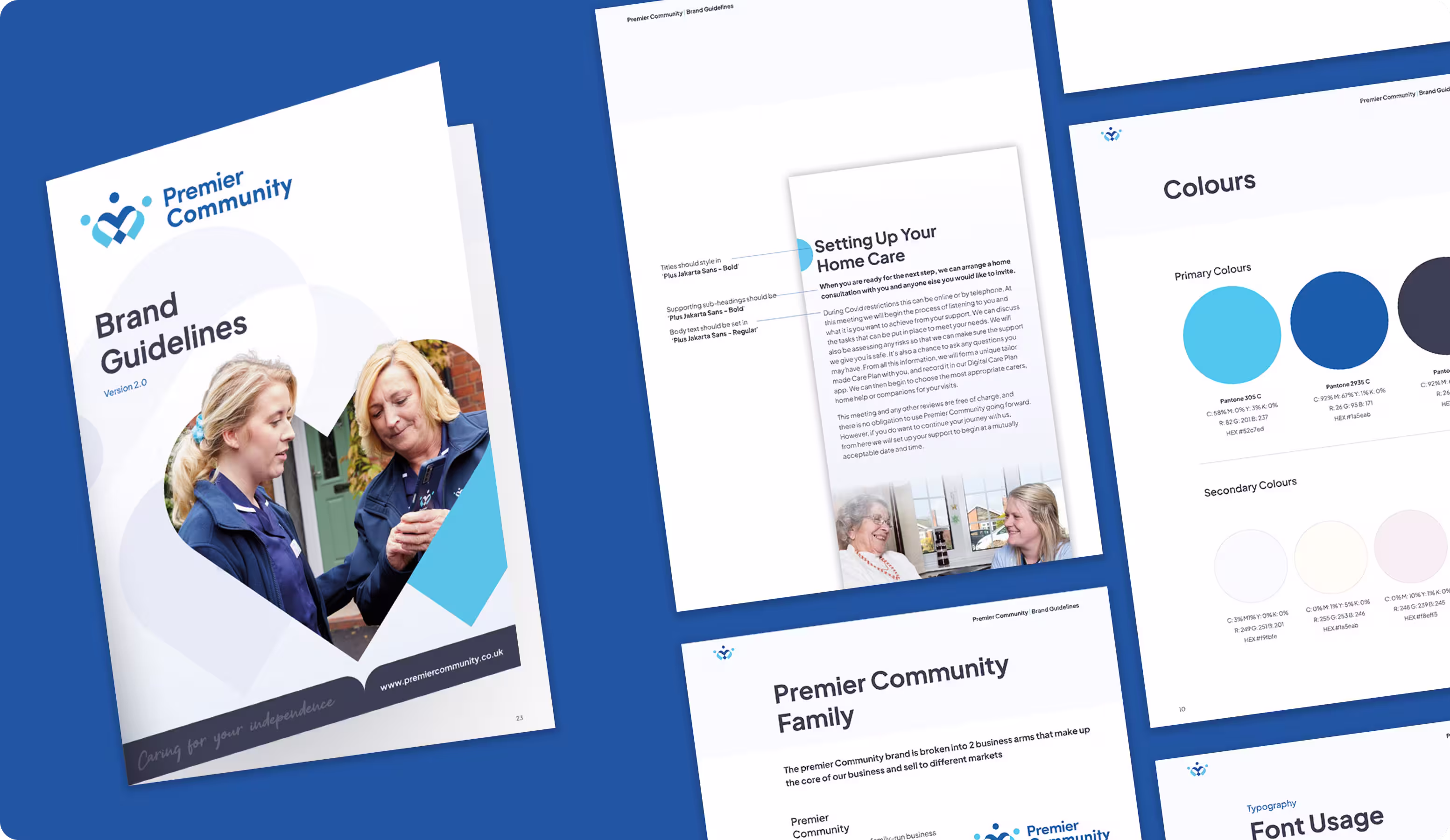 Premier Community hero image — elderly care and mobility brand graphic design system