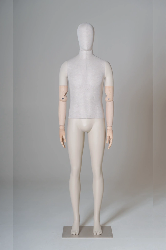 Sartorial male mannequin with universal torso and removable head in fabric, fixed top arm, articulated forearm and hands, with fixed legs