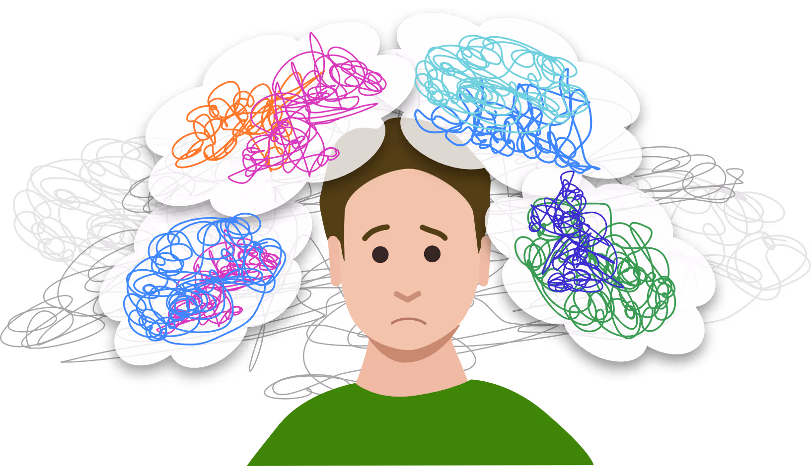 Illustration showing figure with a downcast expression and scribbled lines like wool above and clouds, suggesting inner confusion and turmoil