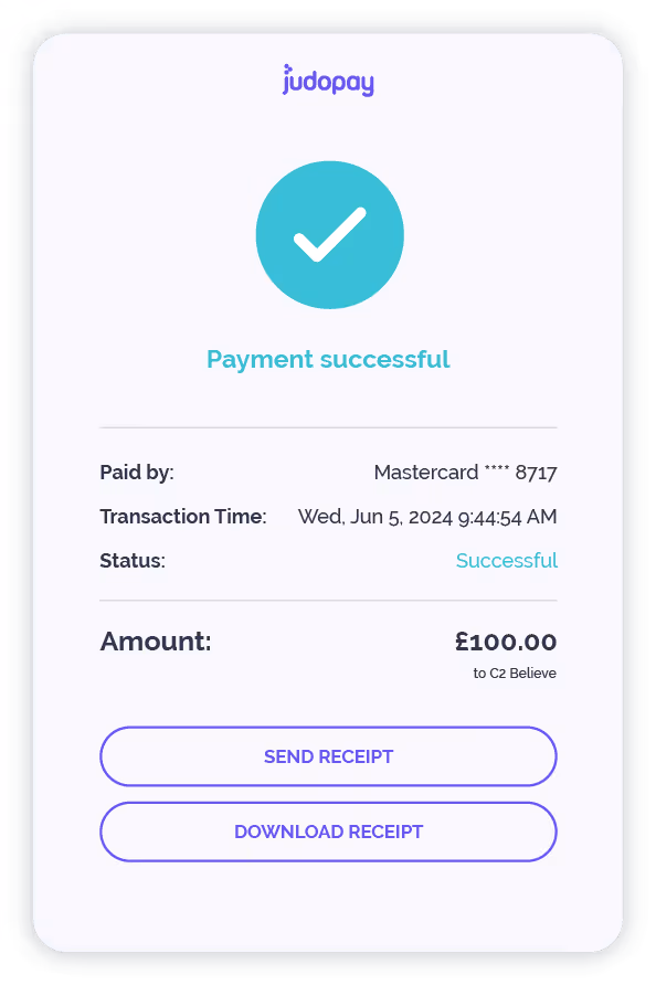 A window showing that payment has been completed with various confirmation details.