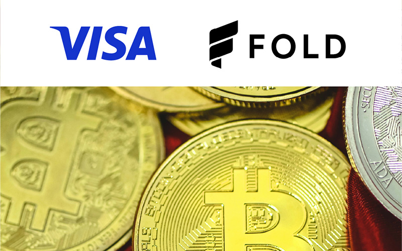 Visa and Fold logos displayed over Bitcoin