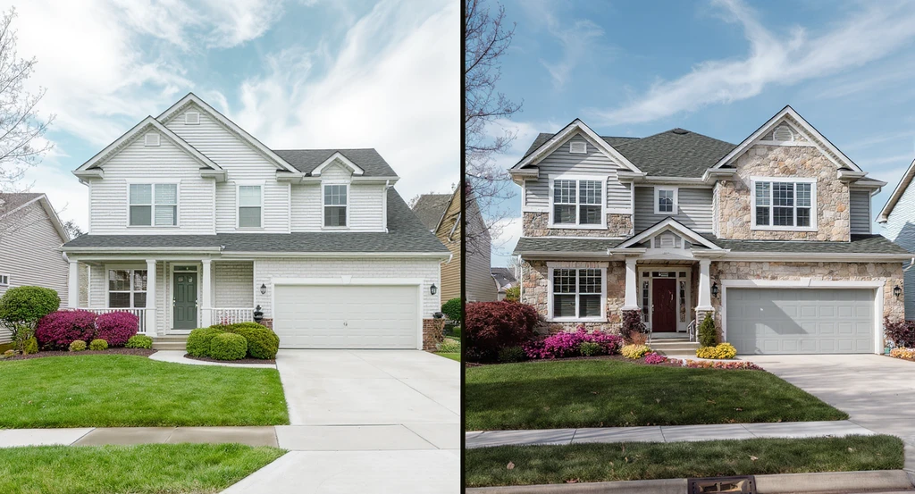Split-view of two homes highlighting cost effective curb appeal landscaping ideas and best exterior upgrades to increase home value, with one small home upgraded with fresh paint and landscaping, and a large home with stone veneer and new roofing for energy efficient exterior improvements.