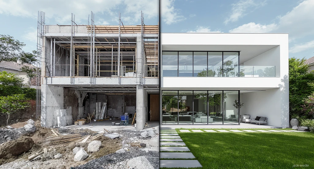 Photorealistic exterior of a modern home with durable siding, new garage door, energy-efficient windows, and cost-effective curb appeal landscaping, illustrating the best exterior upgrades to increase home value.