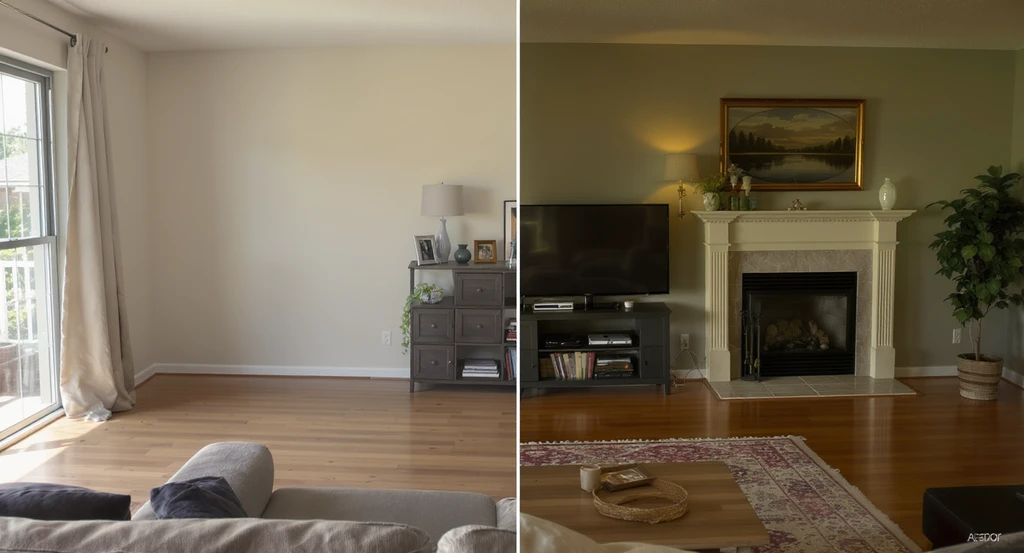 A living room photo shows a side-by-side comparison of mls compliant real estate photo editing versus over editing, illustrating accurate vs misleading enhancement in line with hdr photography guidelines and mls rules for photo enhancements.