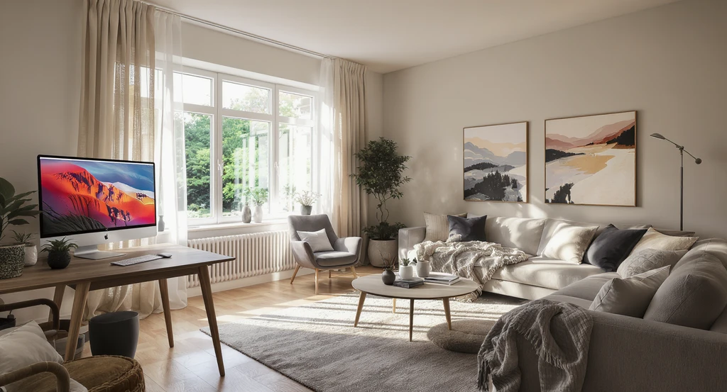 A natural living room with a computer screen comparing mls compliant real estate photo editing and excessive virtual staging, illustrating hdr photography guidelines for mls listings and how to avoid over editing real estate photos per mls rules for photo enhancements.