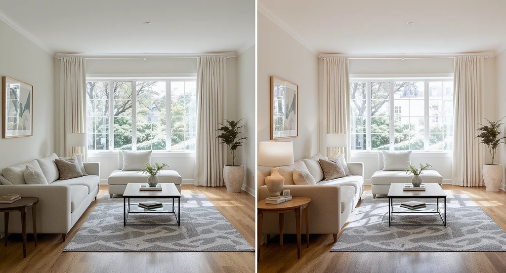 MLS compliant real estate photo editing example showing side-by-side living room photos—one with best practices for virtual staging disclosure and HDR photography for MLS listings, the other subtly over edited, illustrating how to avoid over editing real estate photos and adhere to MLS rules for photo enhancements.