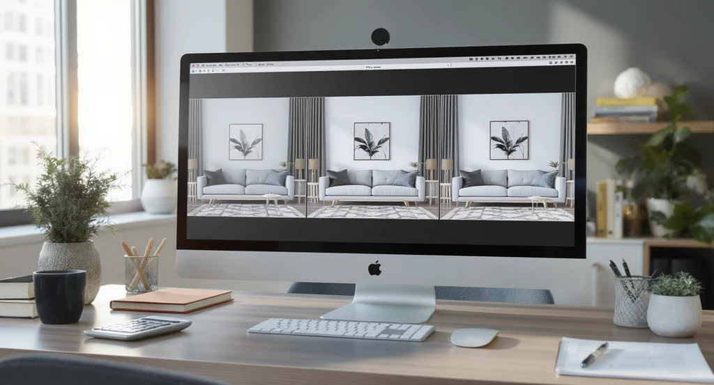 Virtual staging cost breakdown 2026: computer screen shows three living room images with basic, standard, and premium virtual staging for average virtual staging price per image and virtual staging vs physical staging cost analysis, highlighting factors affecting virtual staging pricing and illustrating how virtual staging can increase home value.