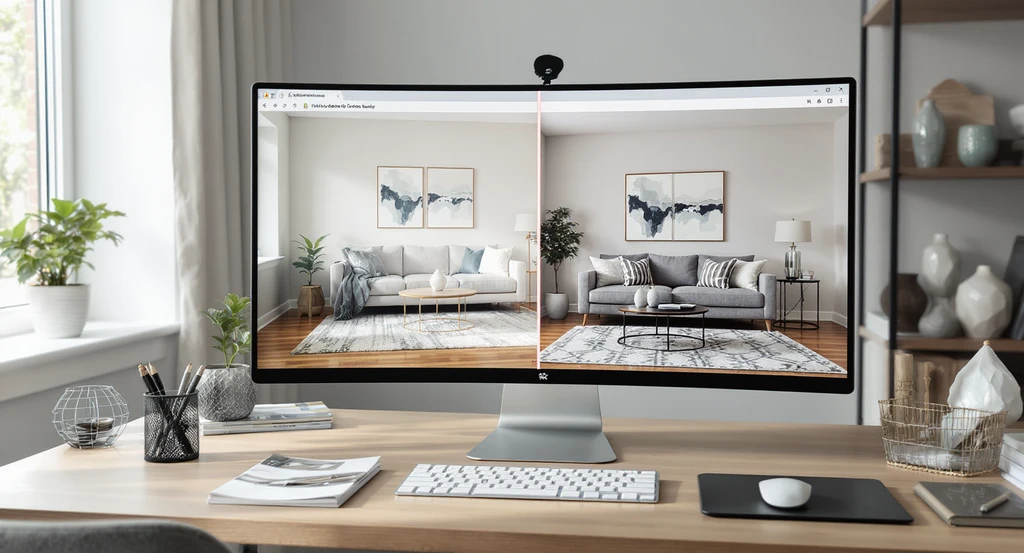 A sunlit real estate office desk with a computer monitor showing a virtual staging cost breakdown 2026—contrasting unfurnished and virtually staged living rooms, highlighting average virtual staging price per image, virtual staging vs physical staging cost, and factors affecting virtual staging pricing to illustrate how virtual staging can increase home value.