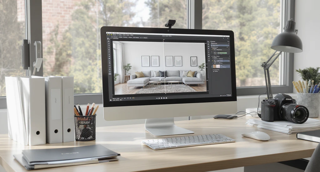 Virtual staging cost breakdown 2026 displayed in a real estate office: monitor with staging examples at different customization levels, camera and folders labeled for factors affecting virtual staging pricing, illustrating average virtual staging price per image and virtual staging vs physical staging cost.