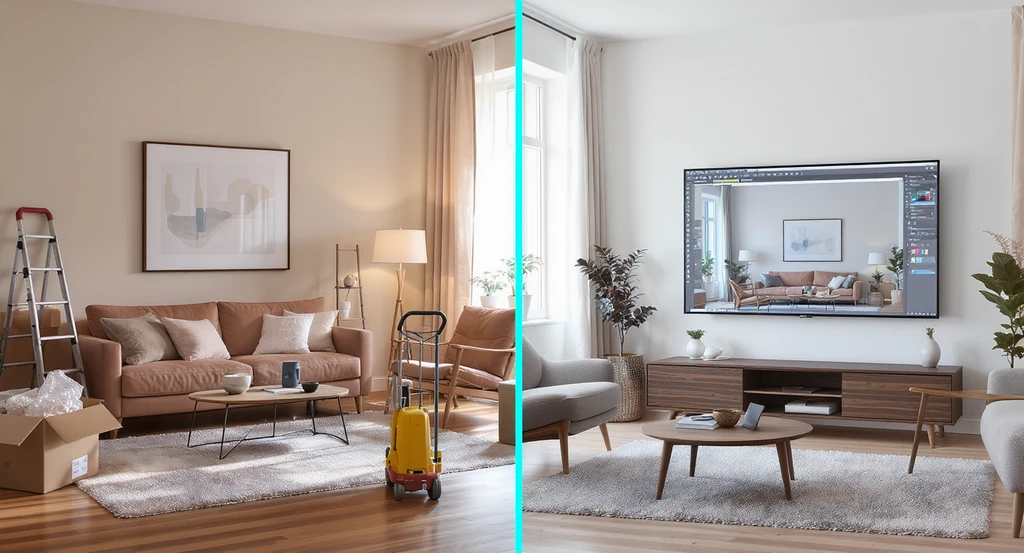 Virtual staging cost breakdown 2026 comparison: realistic side-by-side of a living room physically staged with furnishings and moving gear versus a virtually staged version displayed on a monitor, depicting factors affecting virtual staging pricing and the average virtual staging price per image.
