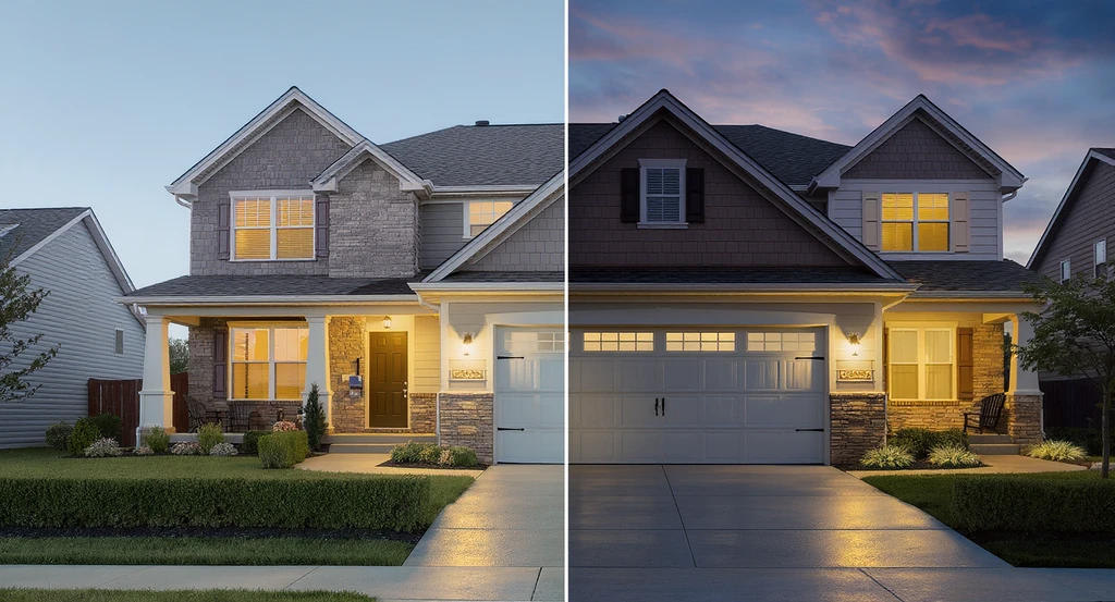 Modern home shown split between natural daylight and digitally edited twilight, illustrating day to dusk real estate photo editing, mls-compliant virtual twilight photos, and best practices for twilight listing photos with a realistic sky replacement and enhanced lighting.