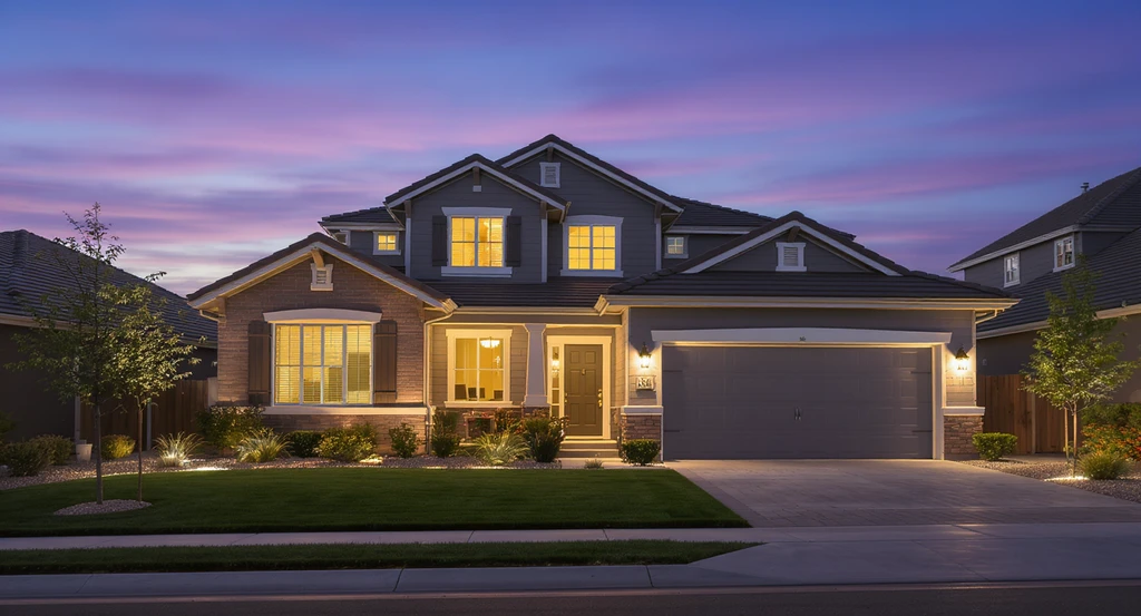 Professionally edited day to dusk real estate listing photo showing a modern home at twilight with a realistic indigo sky, glowing windows, and warm exterior lighting. Highlights best practices for twilight listing photos, MLS compliance, and realistic sky replacements while avoiding common real estate photo editing mistakes.