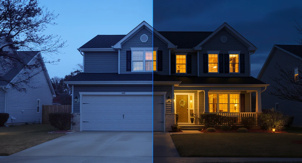 Day to dusk real estate photo editing process shown with before and after twilight conversion, including realistic sky replacements and window lighting for mls compliance and best practices for twilight listing photos. The scene highlights how to create believable virtual twilight photos and avoid common real estate photo editing mistakes.