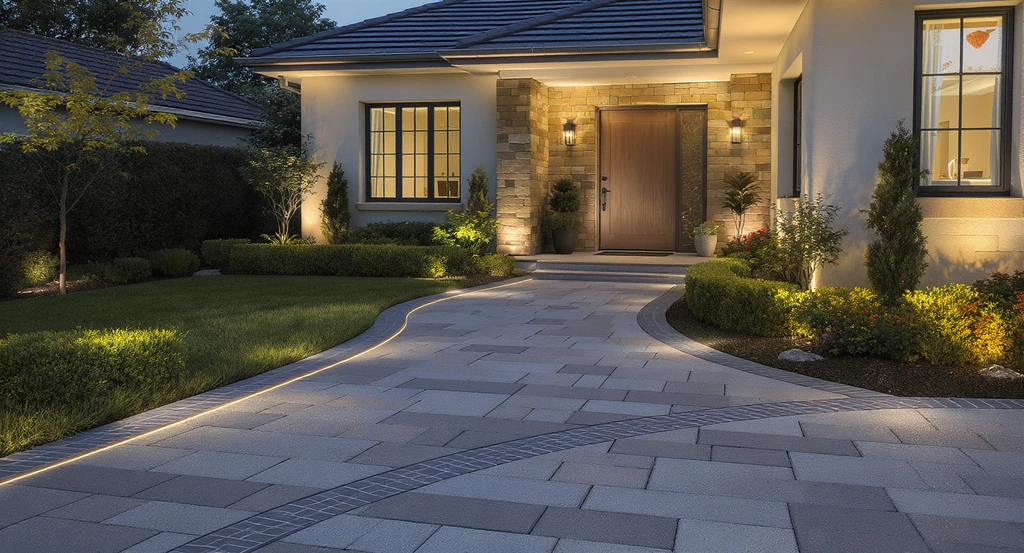 Modern paver driveway and curving stone walkway with contrasting borders, pathway lighting, manicured landscaping, and clean, crack-free surfaces—showcasing top driveway and walkway ideas for increasing home value, optimizing curb appeal, and improving property listing visuals.