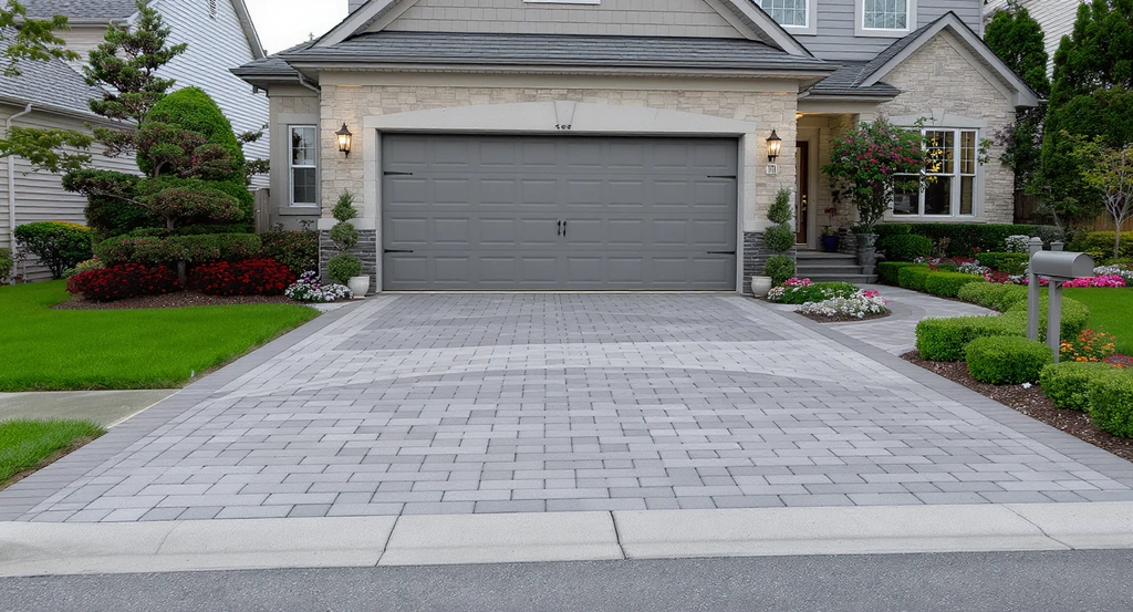 High-quality, modern driveway and walkway upgrade with premium pavers, landscaping, and curb appeal, illustrating cost vs value for home resale and improved property listing visuals.