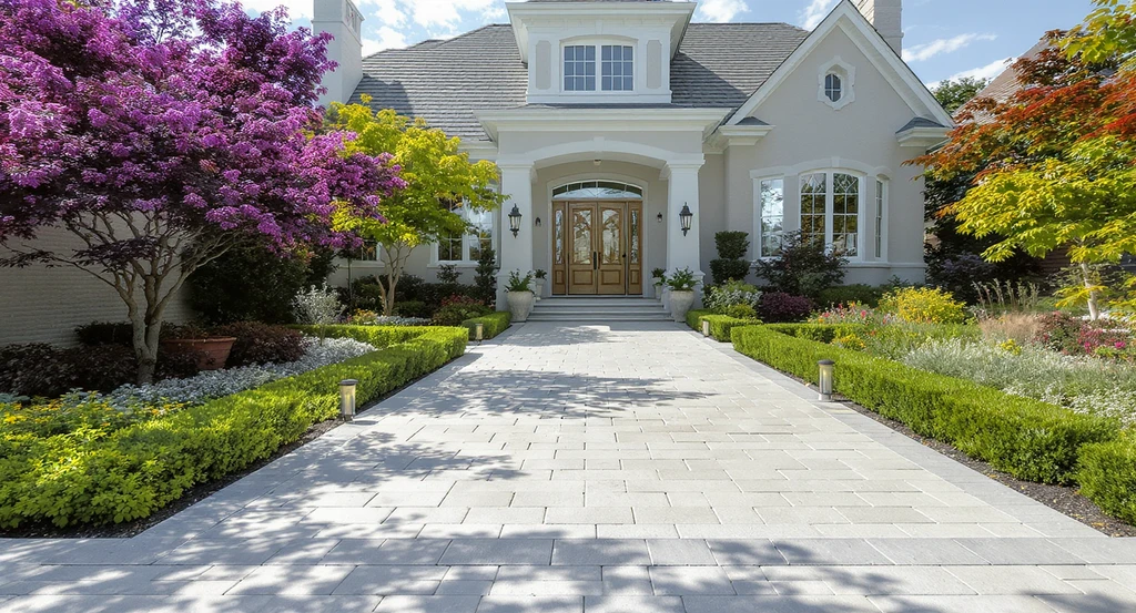 Modern stone paver driveway and walkway with landscape borders, pathway lighting, and flawless finishes highlighting the best driveway and walkway ideas to increase home value and curb appeal.
