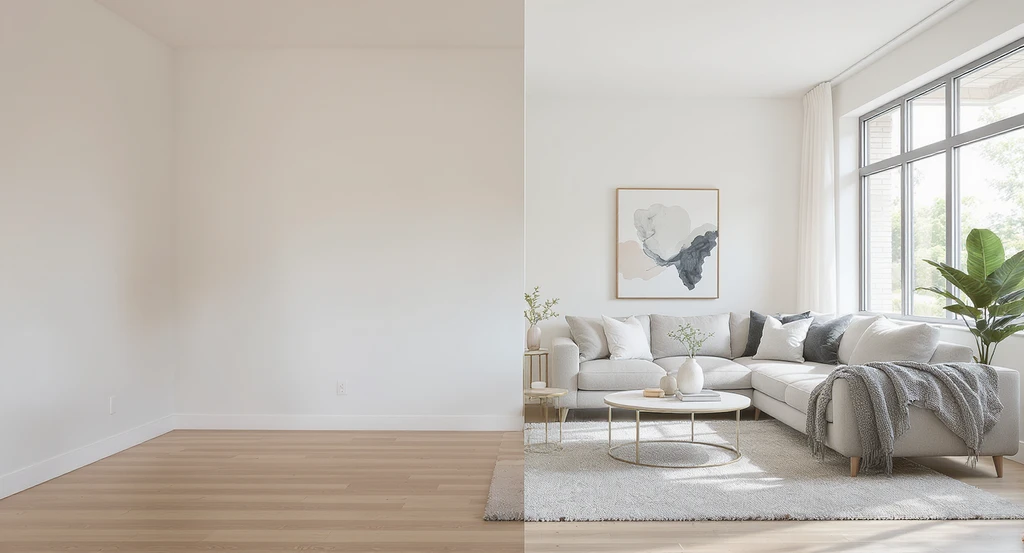 Professional empty home photo showing one side as vacant and the other as virtually staged, illustrating visualization gap in empty home sales, decision fatigue in real estate, and how buyer psychology is impacted by first impression real estate photos through AI-driven staging.