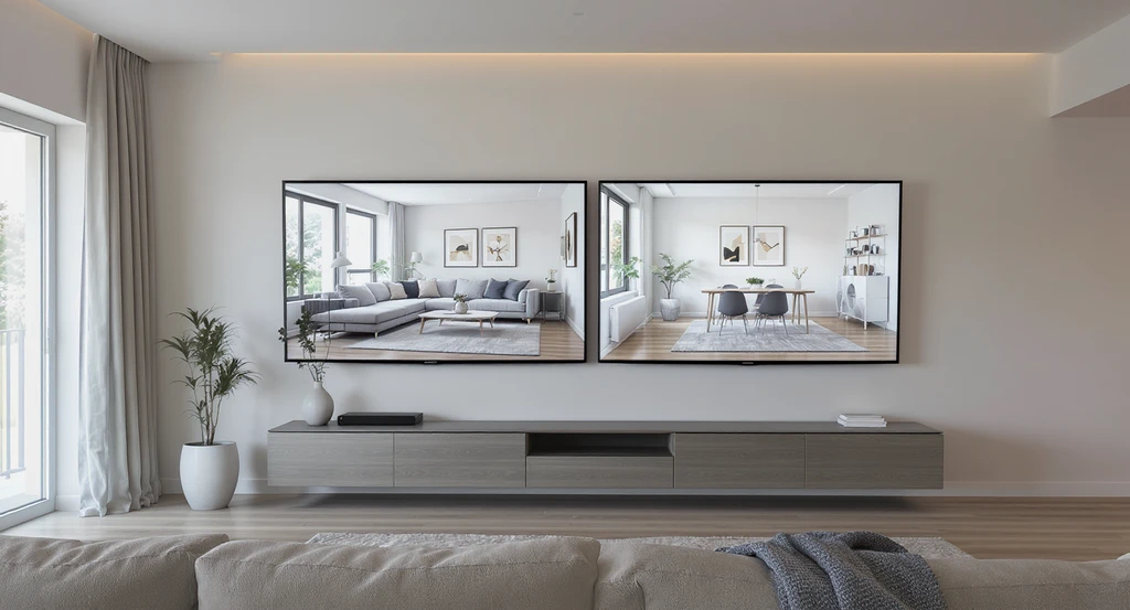 Photorealistic empty living room with two digital screens showing virtual staging layouts, illustrating the visualization gap in empty home sales and how buyer psychology, decision fatigue, and virtual staging boost listing engagement.