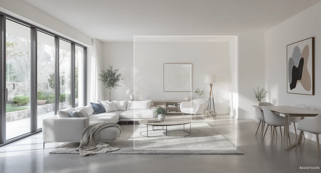 Digitally staged open-plan living and dining room showing multiple furniture layouts addressing the visualization gap in empty home sales, highlighting how buyer psychology and virtual staging clarify awkward spaces to boost listing engagement.