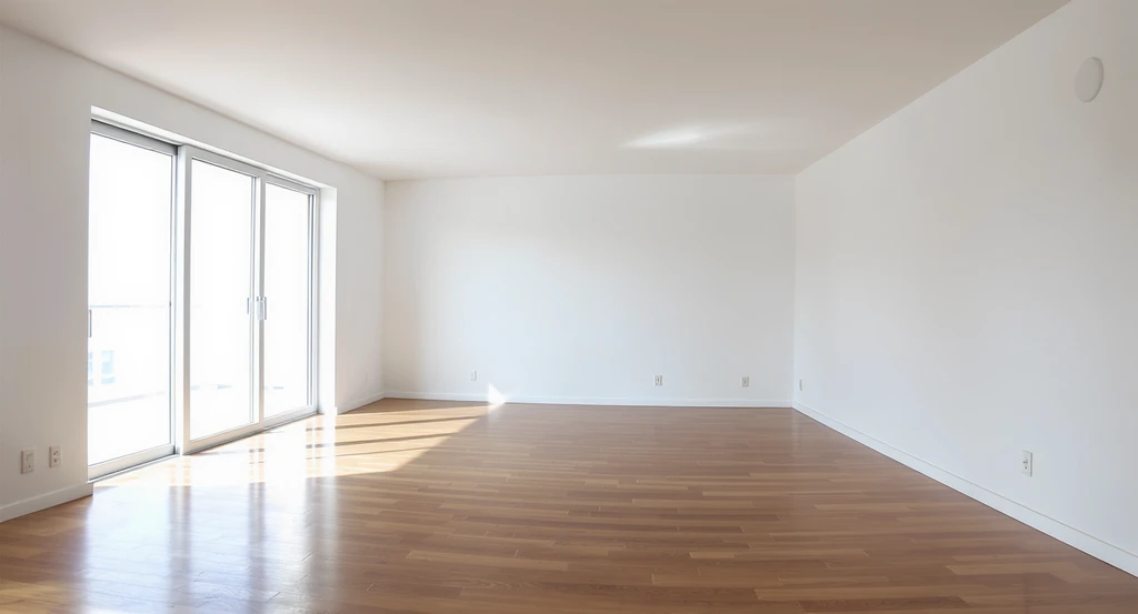 Wide-angle photorealistic image of an empty living room with bare walls and hardwood floors, showing the visualization gap in empty home sales and how buyer psychology impacts staging and real estate listing engagement.