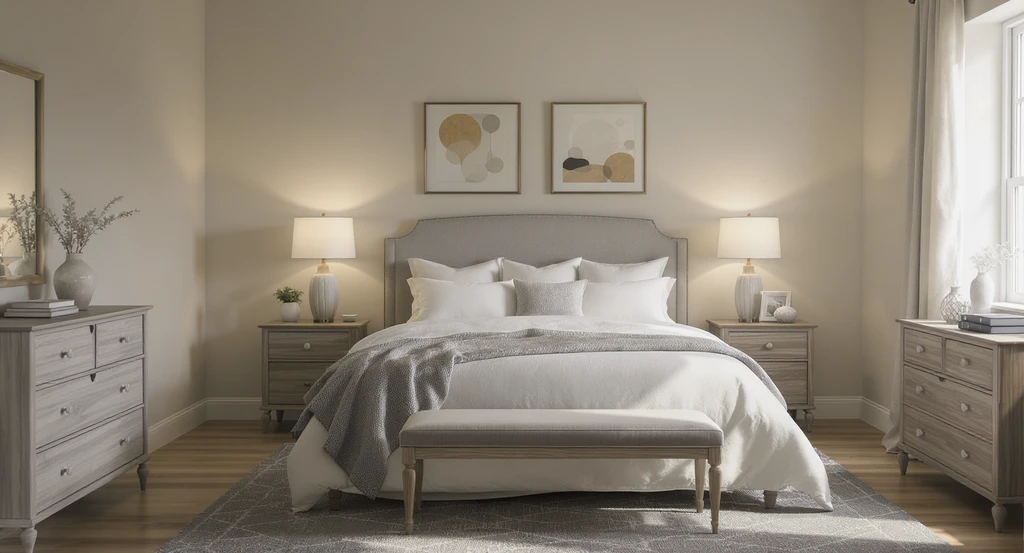 Photo-realistic staged bedroom showing proper scale anchoring with essential furniture and an area rug, addressing visualization gap in empty home sales and buyer psychology.