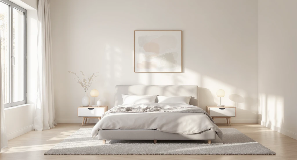 Minimalist bedroom design with proportional furniture, decluttered surfaces, layered lighting, and a single focal headboard—how to create a calming bedroom environment.