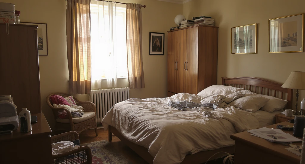 A photorealistic cluttered bedroom with oversized furniture, scattered objects, and poor lighting, illustrating common minimalist bedroom mistakes to avoid and the need for a calming environment.