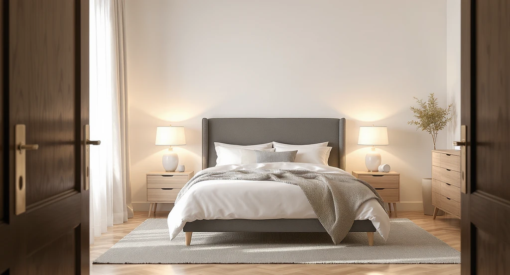 Minimalist bedroom design for home staging shown step by step: decluttered surfaces, clear walkways, only bed and essentials, warm layered lamps, a bold headboard focal point. Editorial photorealism.
