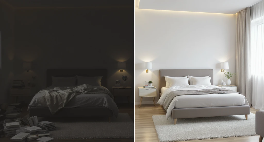Minimalist bedroom design for home staging shown in a split scene; one side displays a cluttered layout while the other features a step by step minimalist bedroom makeover with optimized lighting and decluttering to create a calming bedroom environment, visually demonstrating common minimalist bedroom mistakes to avoid.