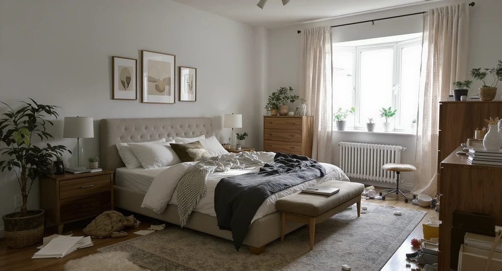 Minimalist bedroom design mistake example: a cluttered, cramped room with excessive furniture, blocked pathways, fragmented décor, and harsh single lighting, showing common minimalist bedroom mistakes to avoid for a calming environment.