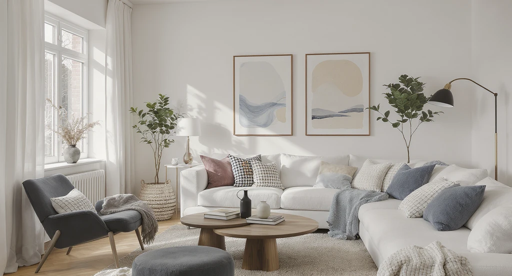 High-performing Scandinavian living room design featuring warm white walls, natural wood, layered lighting, and best natural materials for living rooms.