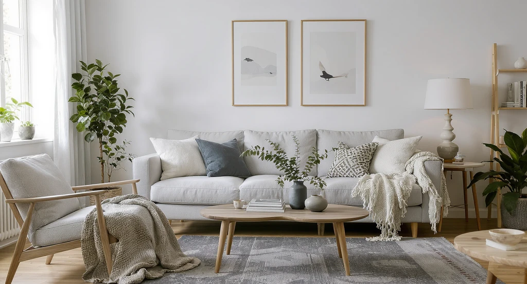 Editorial shot of a Scandinavian living room with harsh lighting, bulky mismatched furniture, minimal textures, and no visual anchor, showcasing common staging errors. Scandinavian living room design, scandinavian living room staging tips, best natural materials for living rooms, how to use visualization tools for interior design.