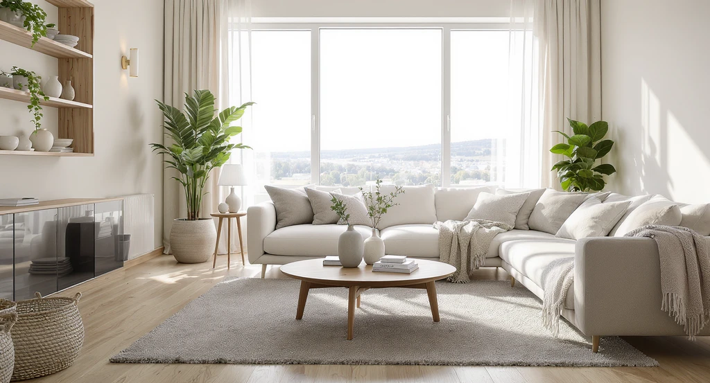 Scandinavian living room design staged for listings, featuring natural materials, uncluttered decor, and optimized for buyer engagement and staging tips.