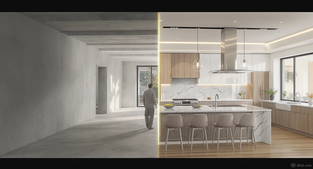 AI-enhanced real estate living room showcasing before and after visual quality improvements, highlighting how AI-driven trends in property staging increase buyer engagement and clarity.