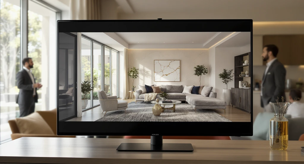 Modern real estate office with multiple monitors showing AI-powered interior design staging, highlighting the impact of AI on real estate visual marketing and property listings.